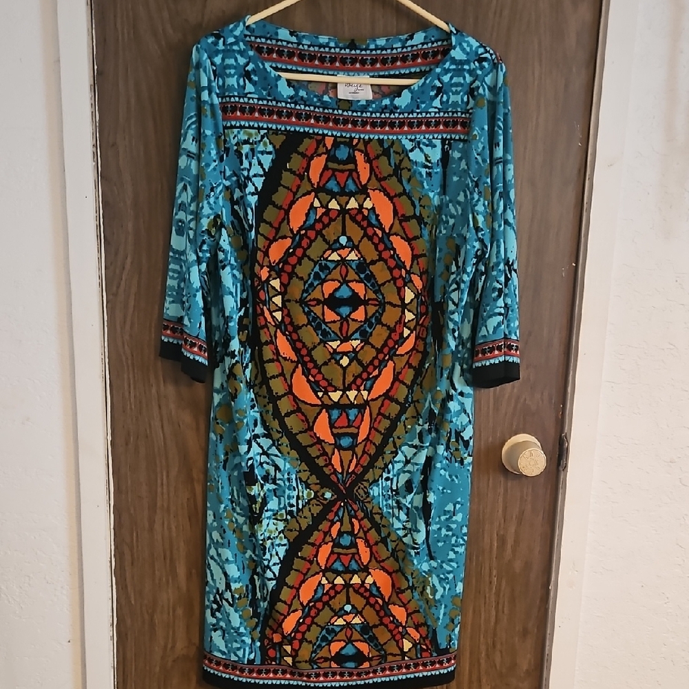 Beige by eci Turquoise Multicolor Geometric Midi Dress